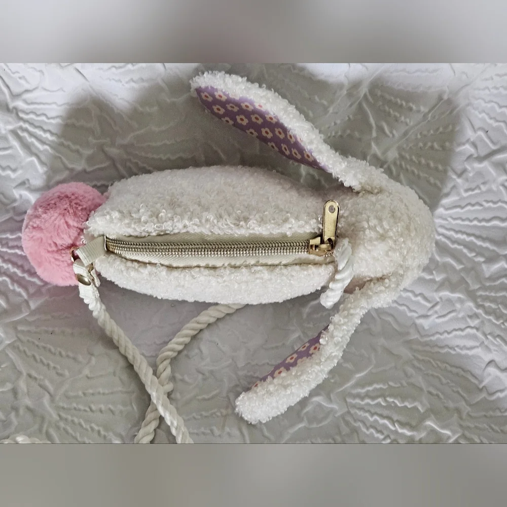 H&M Kids Fluffy Sherpa Bunny Crossbody Purse Floral Lining- Novelty Bag